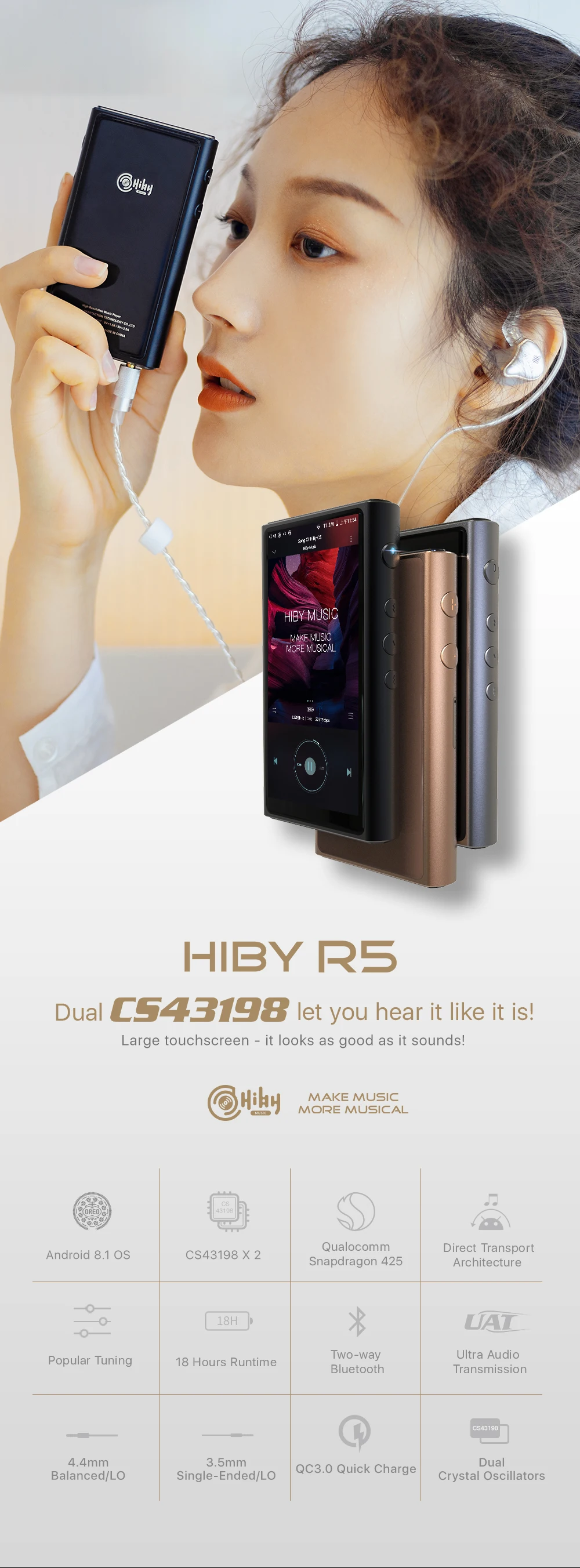 HiBy R5 Android 8,1 HIFI Lossless музыкальный mp3-плеер Amazon Music Ultra HD/WiFi/Air Play/LDAC/DSD/aptX/Dual CS43198/Hi-Res/MQA
