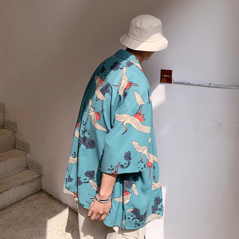 

2020 Summer New Youth Pop Crane Print Loose Short Sleeve Shirt Fashion Casual Single Breasted Top Black / White / Green M-XL