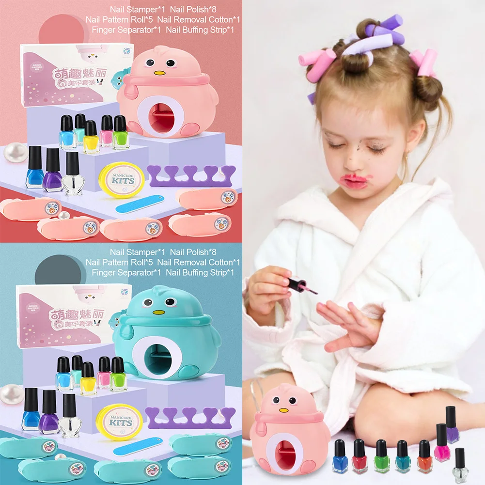 

Children Pretend Nail Makeup Set Nail Stamper,8pcs Nail Polish,5 Nail Pattern Roll,Nail Removal Cotton,Nail Buffing Strip
