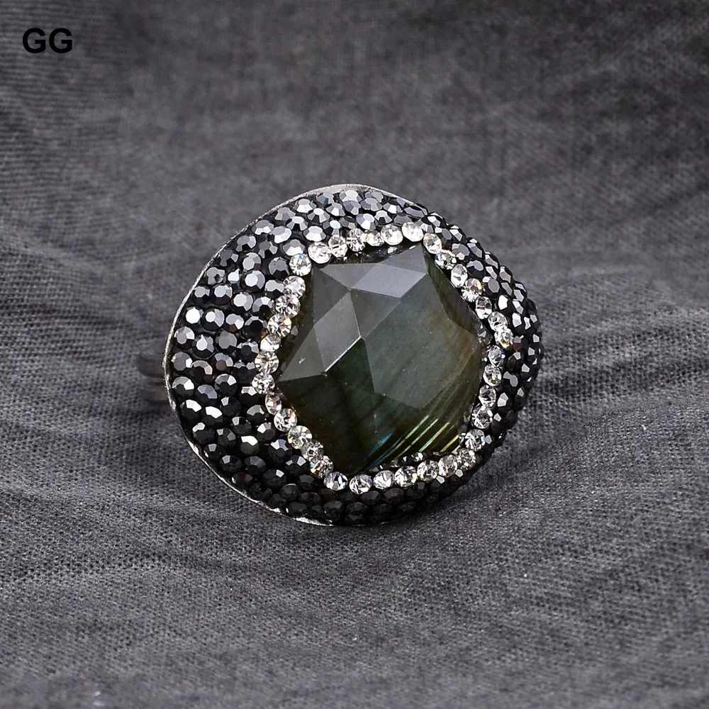 

GuaiGuai Jewelry Natural Labradorites Faceted Octagon Black Rhinestone Pave Real Stone Rings Adjustable For Women