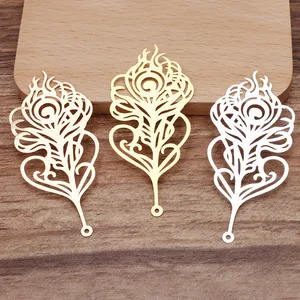 Филигранные подвески в виде пера, металлический медный лист, размер 65*29 мм, 10 шт.