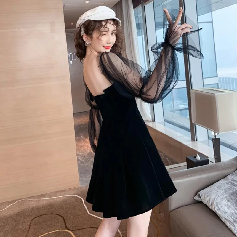 

2020 Gothic Women Black Dress Long sleeve Vintage Elegant Office Lady Date Night Dresses A-Line Cool Girls Female Vestidos