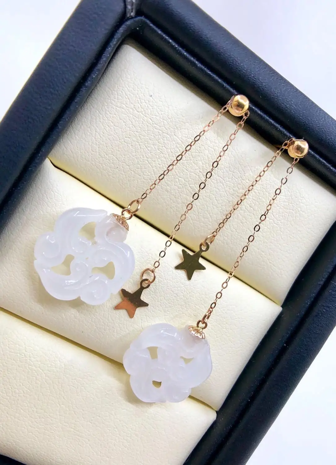 

SHILOVEM 18k yellow gold real Natural white Jasper drop earring classic fine Jewelry women wedding gift 13mm yze1313990hby