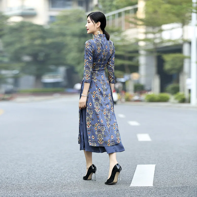 

2019 Spring and Autumn models retro Slim Long Ao Dai cheongsam dress