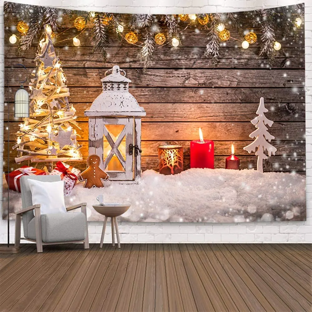 

Merry Christmas Tapestry Xmas Tree Winter Snowflake Candle Wooden Backdrop Home Bedroom Living Room Dorm Decor Art Wall Tapestry