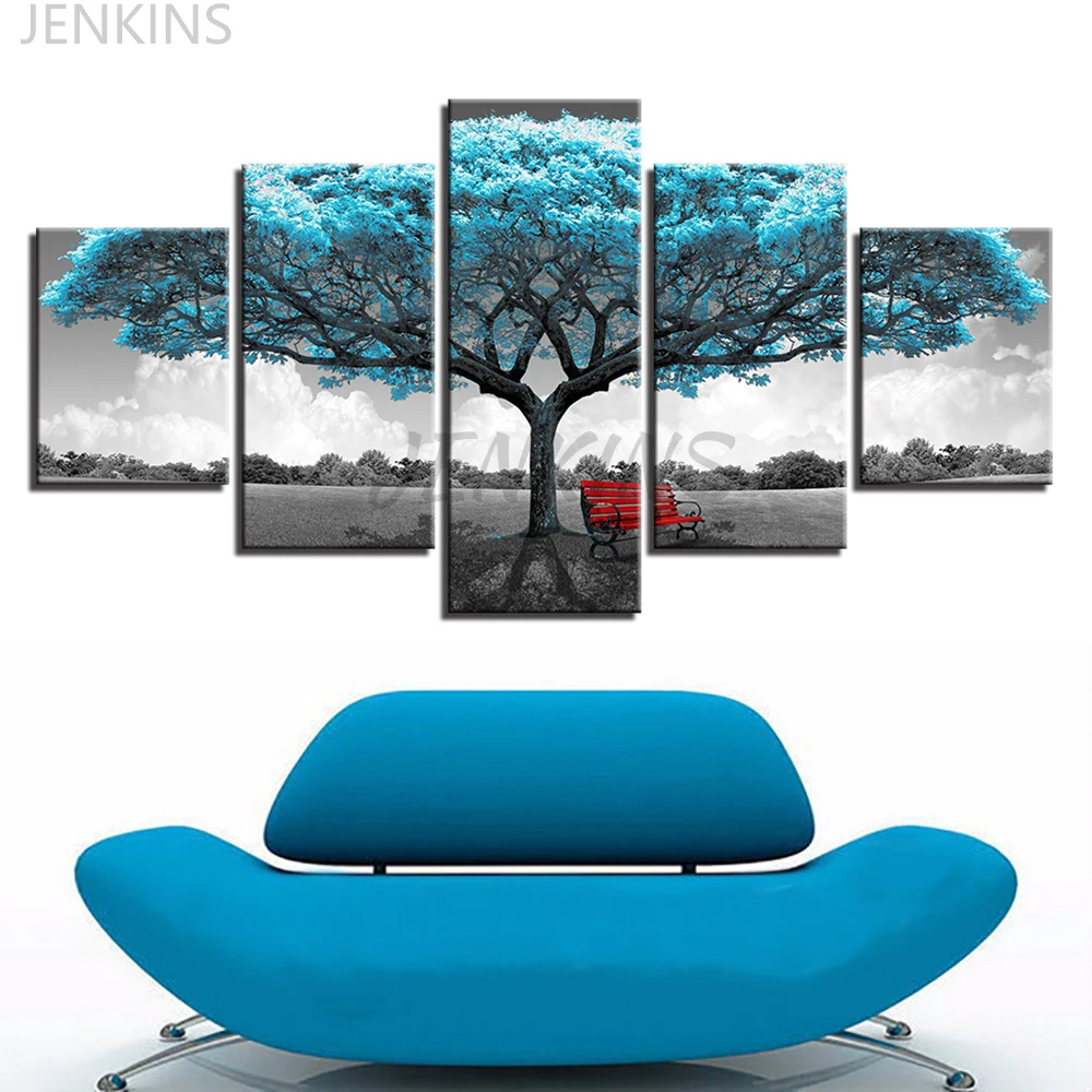 

5 Pieces Blue Tree and Red Chair Canvas Prints Paintings NO Frame for Living Room Decor Pictures Abstract Landscape Poster