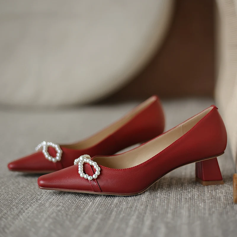 

Genuine Leather Shallow 4.5cm High Heels Pumps For Women Fashion Women Shoes Spring Wedding Party Shoes Woman