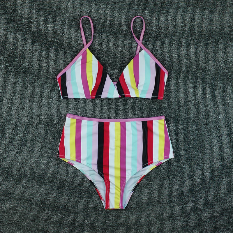 

Sexy Bikini 2020 New Swimwear Women Color Stripe Swimsuit Tube Top Beachwear High Waist Bathing Suit Two Piece Set Bikini Set