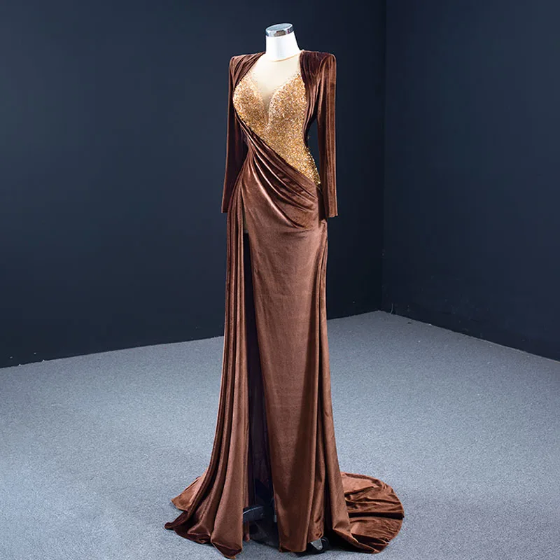J67243 JANCEMBER Brown Brown Slim Evening Dress 2021 Transparent Lace Long Sleeve V-neck Metallic Sequined Frill Sexy Dress