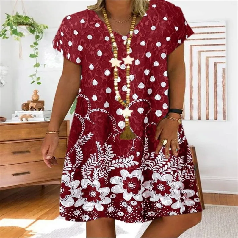 Women's floral print V-neck short sleeve dress plus size summer chiffon knee length dresses casual beach 4XL XXXL | Женская одежда