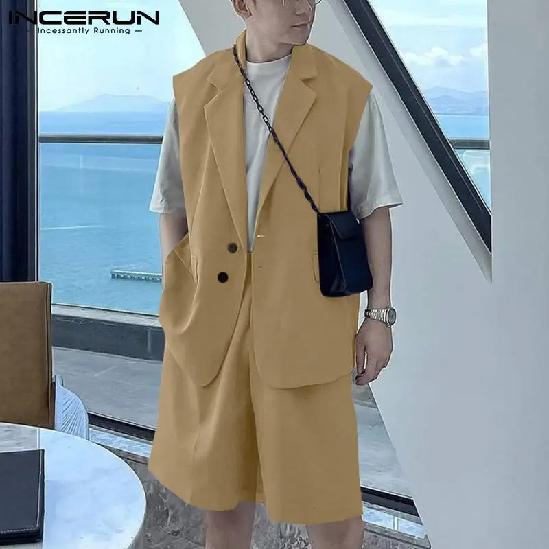 

INCERUN 2022, мужские комплекты, однотонная уличная одежда, с отворотом, без рукавов, жилет и шорты, модные Универсальные мужские повседневные кос...