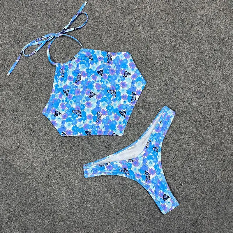 

Two Piece Bikini Suit Women Sexy Halter Butterfly Print Quick Dry 2021 Backless Beach Push Up Elastic Swimwear With Chest Pad