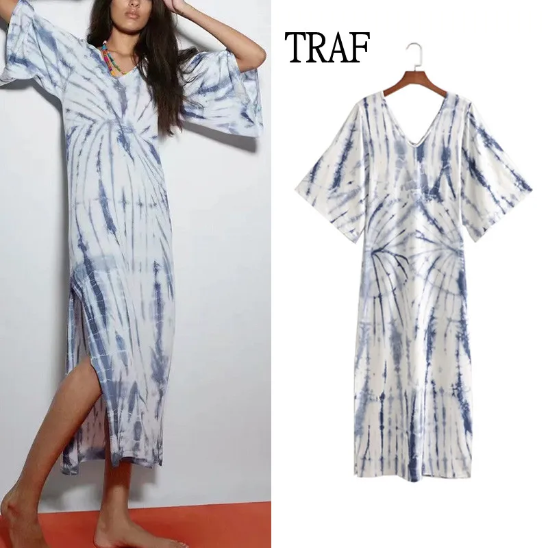 

TRAF 2021 Women Summer Tie Dye Dress Women Y2k Robe V Neck Short Sleeve Split Vintage Dress Woman Elegant Casual Long Dresses
