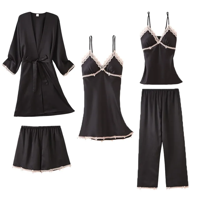 

Korean Style Thin Ice Silk Sexy Pajamas Four-Piece Set Spring and Autumn Temperament New Suspender Homewear Night-Robe