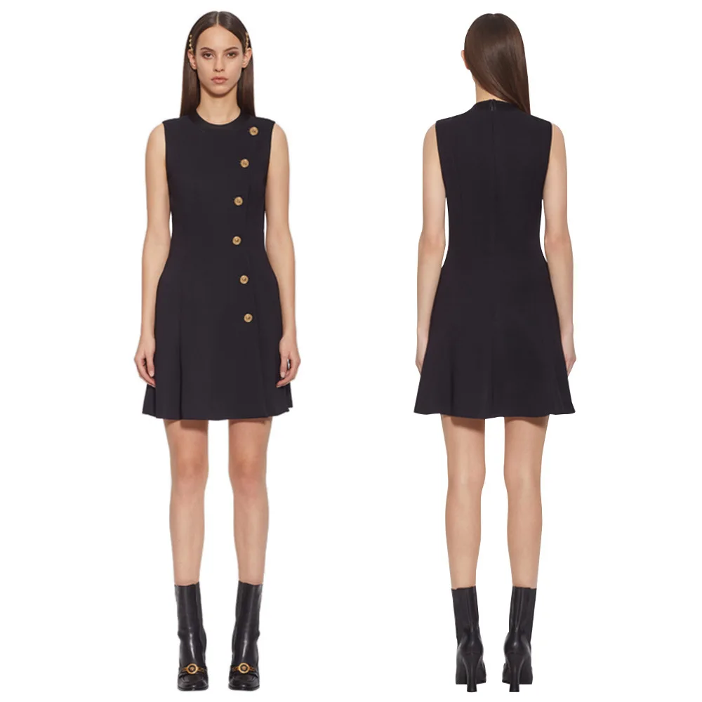 Модный стиль женская мода британский юбка трапеция круглый воротник без рукавов