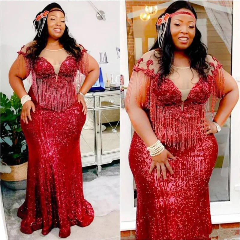 New Red Fuchsia Bling Sequins Evening Dresses Wear for Women Mermaid Cap Sleeves Sequined Lace Beading Formal Prom Dress | Свадьбы и