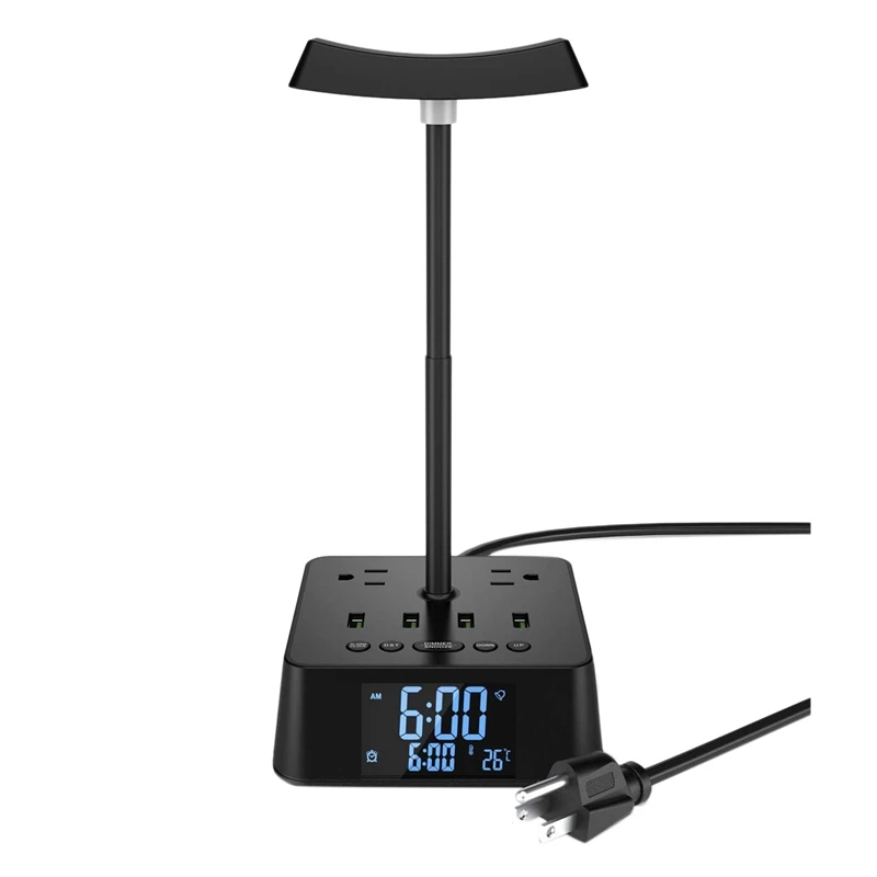 

Clock Headphone Stand with 4 USB Fast Charge Port 1200W 2 AC Outlets for Desktop Gaming Headset Accessories-US Plug