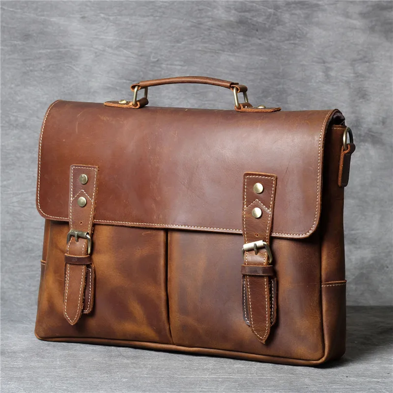 Retro simple men's genuine leather Business briefcase first layer leather laptop bag men's daily brown shoulder messenger bag