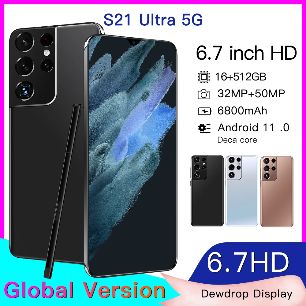 

New S21 Ultra 5G Global Version Smartphone 6.7 Inch 6800MAH 16GB 512GB 32MP 50MP Face ID Android 11 Qualcomm 888 Mobile Phone