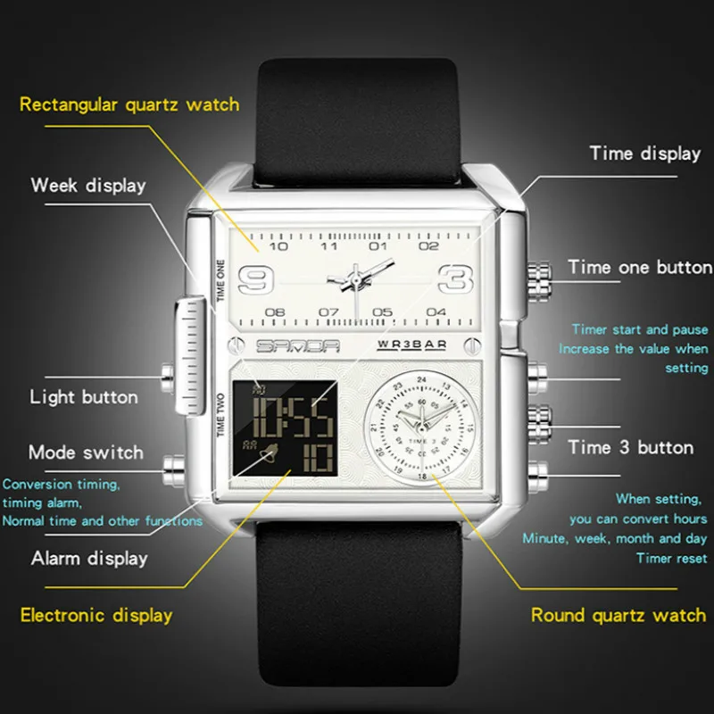 Мужские часы 2021 креативные светодиодные с 3 дисплеями времени спортивные
