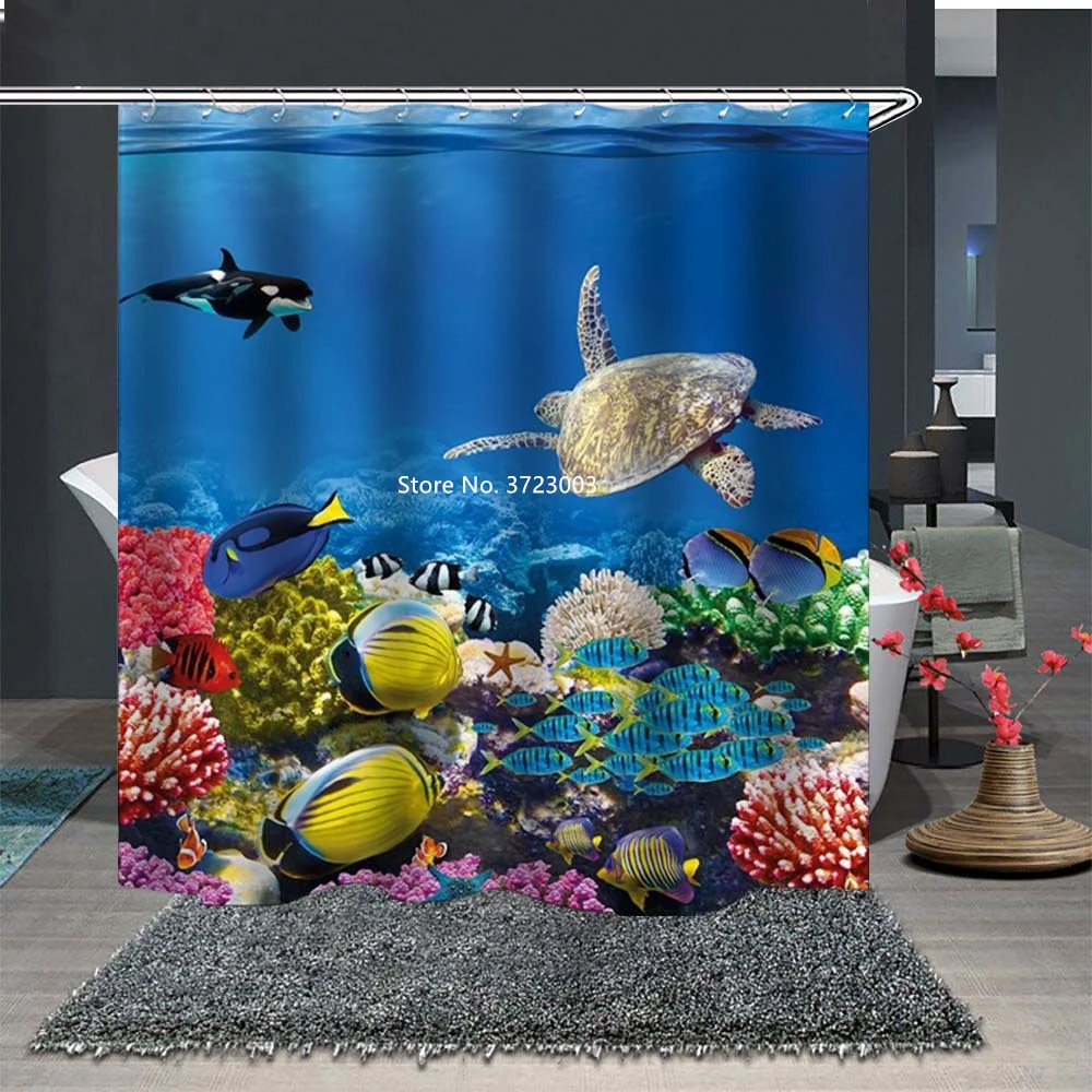 

Stylish Marine Animal 3D Digital Print Shower Curtain Floor Mat Household Waterproof Polyester Shower Curtain Toilet Mat