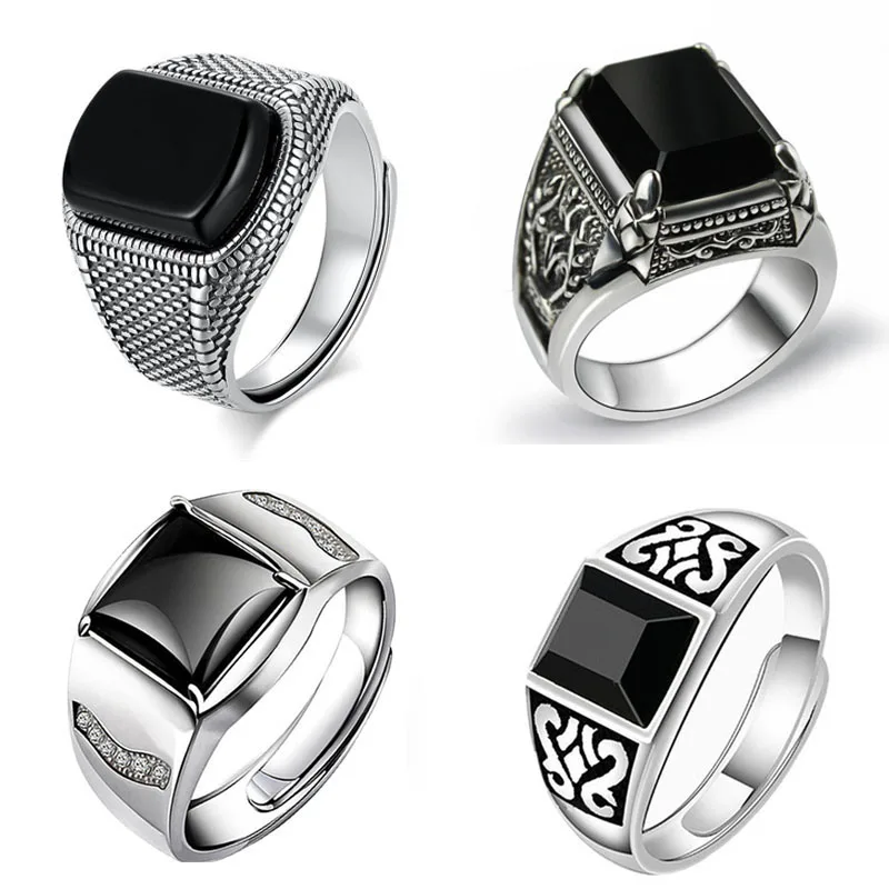 

New silver advanced creative geometric diamond inlaid black agate gemstone men's lady domineering exaggerated adjustable ring