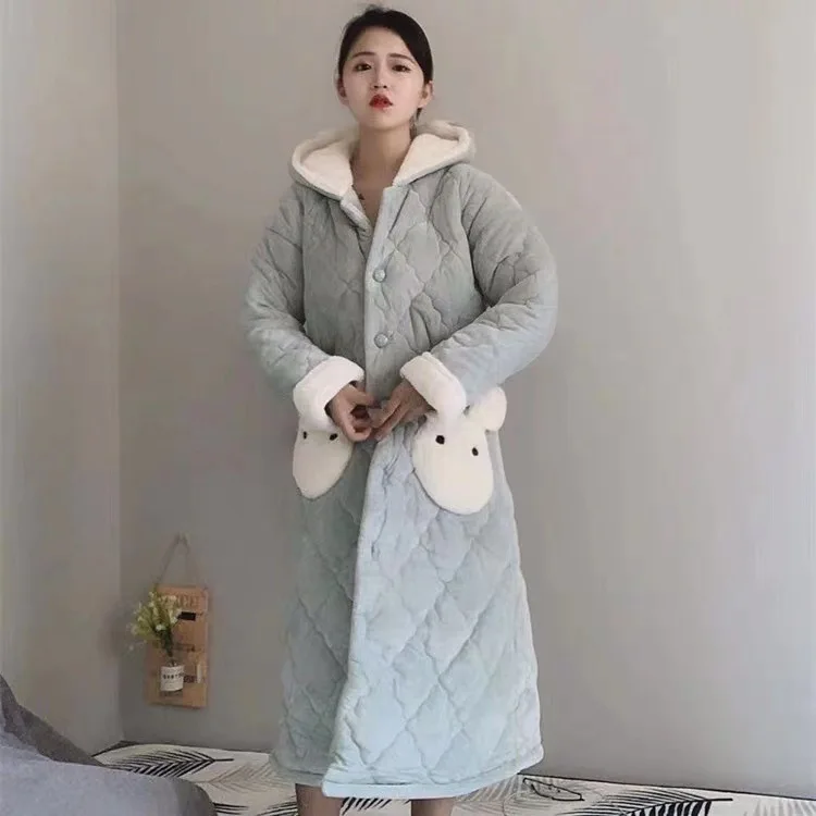 Winter Plus Cotton Thicker Home Pajamas Female Cute Cartoon Fruit Green Nightgown Hooded Warm Pajamas Solid Color Suit