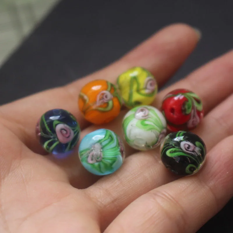 Стеклянные бусины ручной работы 12 мм 10 шт. цветок с зеленым листом смешанные
