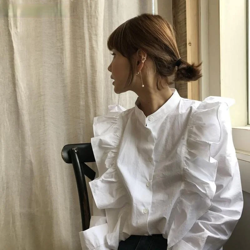 

2021 Single Breasted Stand Neck Blouse Shirt Ruffle Patchwork Long Sleeve Blusas Femme Korean Autumn Sweet Doll Shirt