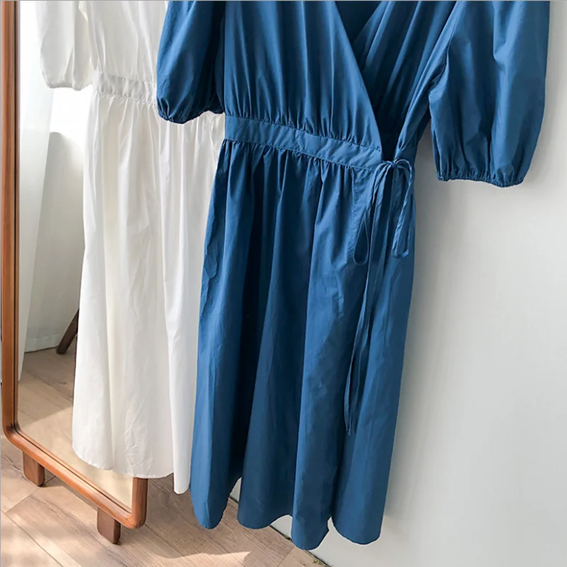 

Women Summer V-Neck Dress Sexy Vintage High Waists Solid Colors Long Dress Elegant Lady Casual Puff Sleeve Maxi Dress Vestidos