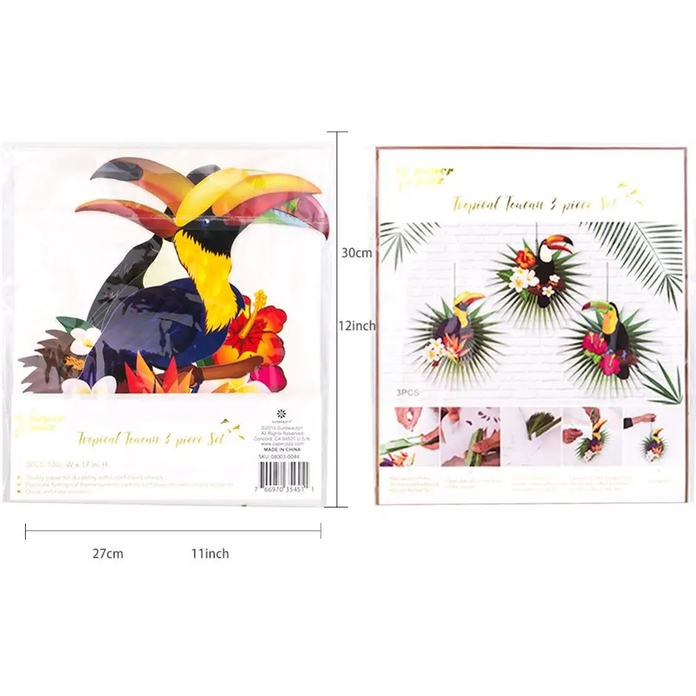 Праздвечерние чные украшения 3 шт. тропический Тукан подвесные бумажные вееры