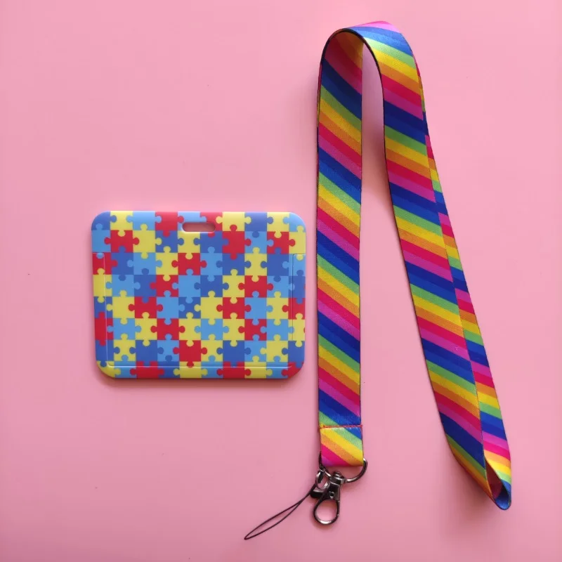 

Horizontal Jigsaw ID Card Holder Lanyard Rainbow Bus Card Case Visit Door Identity Badge Cardholders autism Card Holders