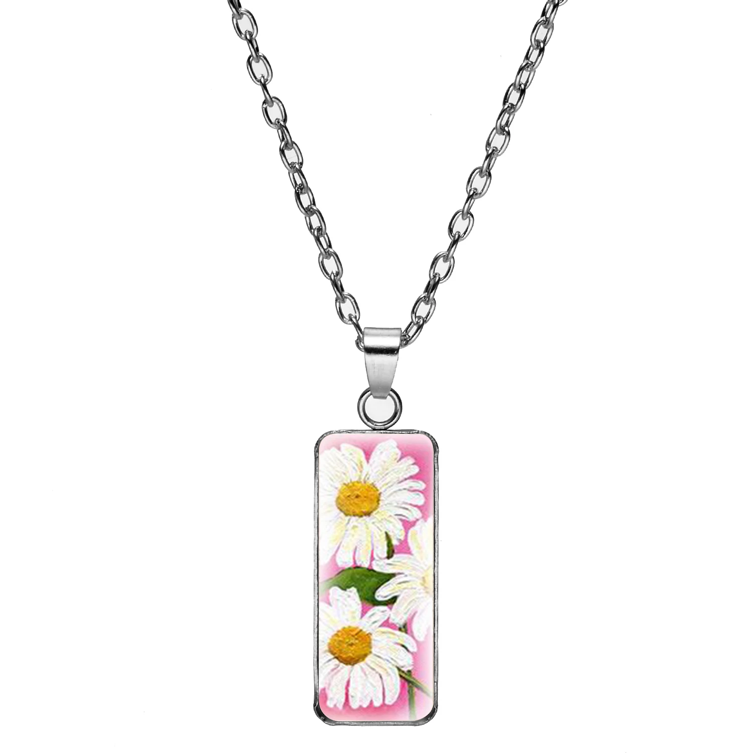 Classic Daisy Flower Oil Painting Art Necklace Vintage Painted Design Glass Cabochon Pendant Long For Women Girl Gifts |