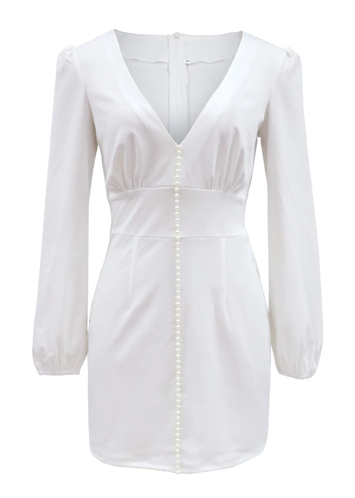 

V Neck Lantern Sleeve White Dress Women Pearl High Waist Sexy Mini Dresses Office Ladies Normal Bodycon Dress Solid