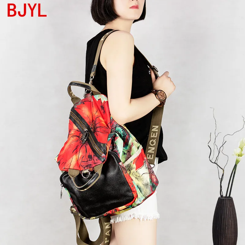 2019 New Canvas with Leather Women Backpack Fashion Printing Flowers Large Capacity Travel Backpacks Female Shoulder Bags Big