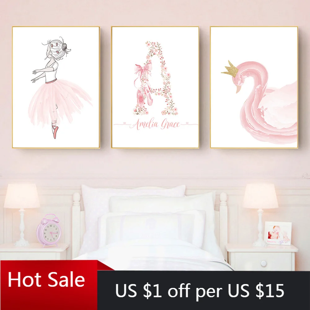 

Ballet Girl Poster Custom Name Canvas Painting Print Pink Swan Wall Prints Nursery Wall Art Nordic Posters Girl Baby Room Decora