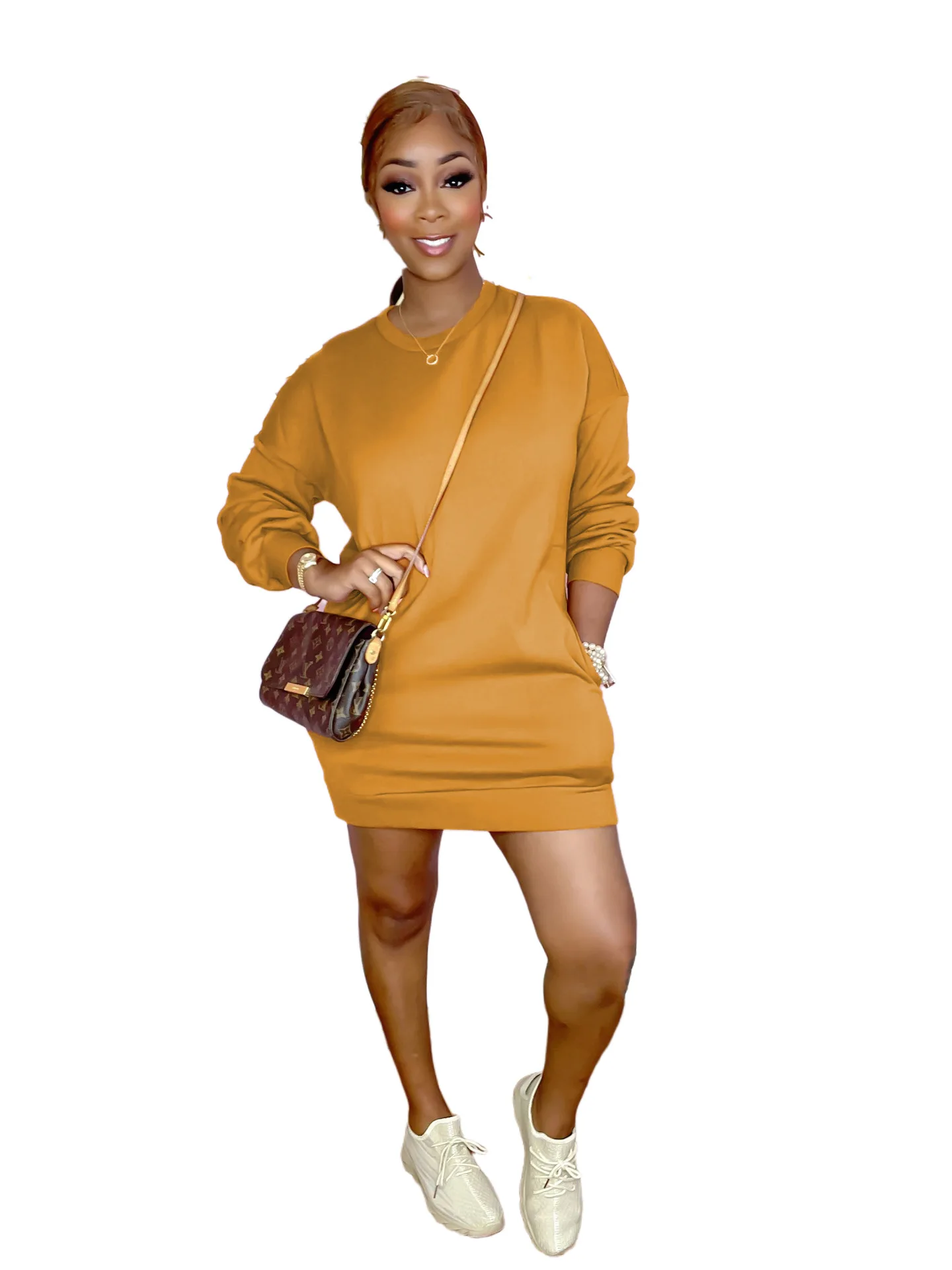 

Casaul Women Shirt Dress O-neck Solid Color With Pocket Mini Dress High Street Clothes For Women Vestidos