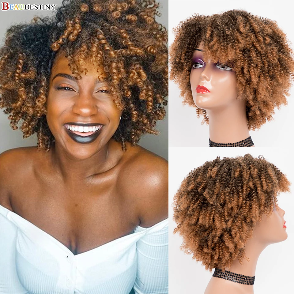 

Короткие вьющиеся афро парики с челкой для чернокожих женщин, Африканский коричневый блонд, синтетические вьющиеся безклеевые термостойкие волосы, дешевые парики, распродажа