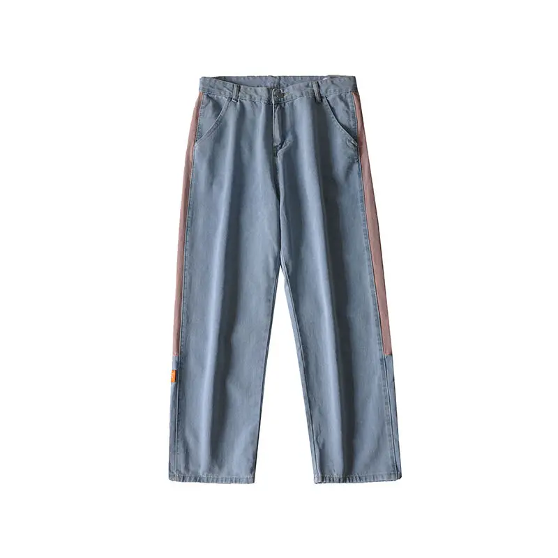 

2020 Spring And Summer New Youth Popular Male Loose Color Matching Jeans Fashion Casual Wild Straight Pants Blue M-2XL
