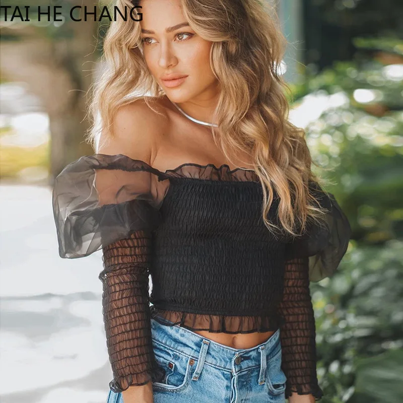 

High Quality Promised Crop Tops Women 2020 Summer Lantern Sleeve Sexy Strapless Beach Tops Black White Tank Crop Top