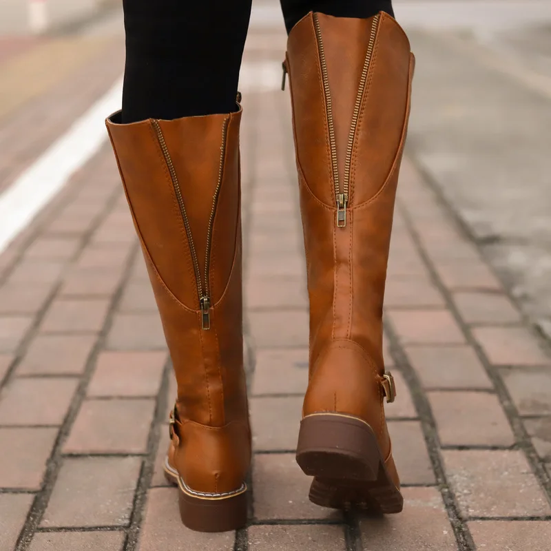 

Women Knee High Boots Vogue Low Heels Square Platform Long Boots Brown Black Leather Zip Winter Women Warm Shoes Booties 69m