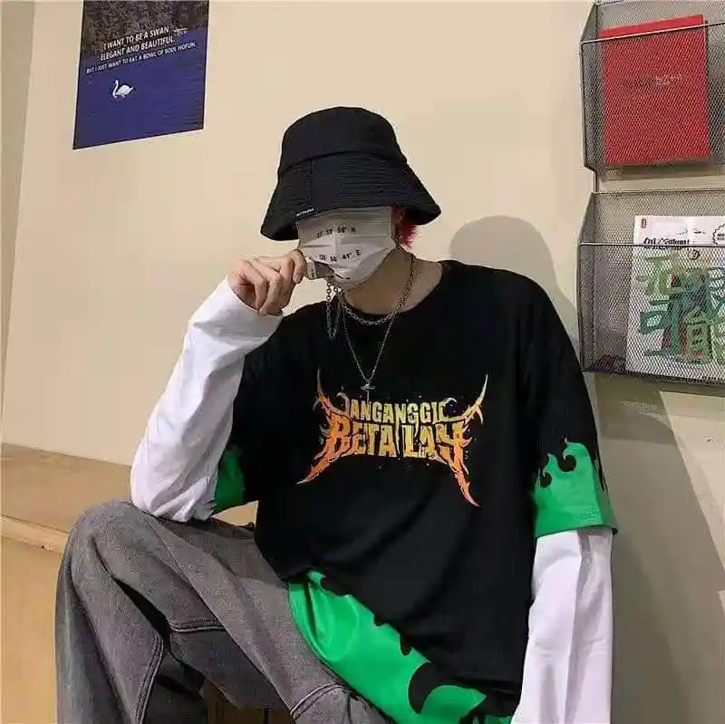 31689black NiceMix Harajuku/футболка с принтом тыквы и буквами; Поддельные 2 штуки; Лоскутная Повседневная футболка с длинными рукавами; женская и Мужская Уличная одежда; топы - Цвет: 31689black