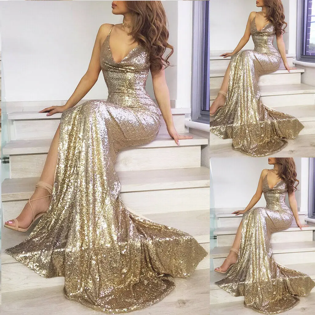 Женское длинное вечернее платье с блестками для выпускного вечера|Женские