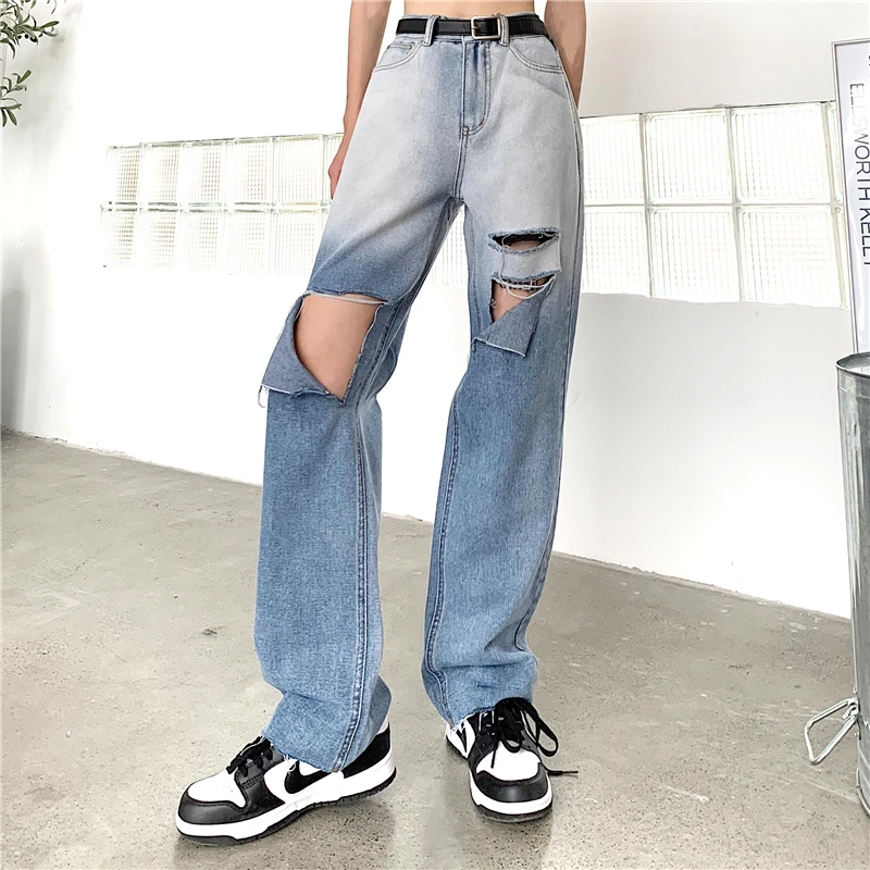 

Purplelano Ripped Jeans for Women Holes Baggy Jeans Hollow Out Loose Mom Jeans Hollow Out Ripped Denim Long Pants Streetwear