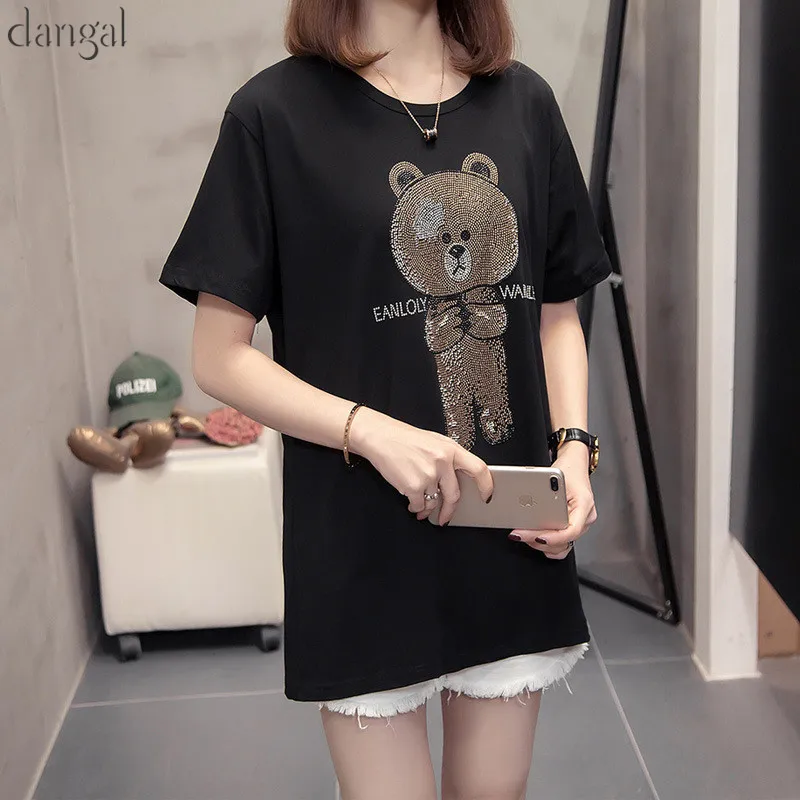 Хлопковая футболка стразы летняя в Корейском стиле для женщин 2020 размера плюс