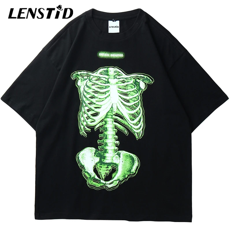 LENSTID Мужская Уличная зеленая жуткая Футболка с принтом скелета 2020 летние хип хоп