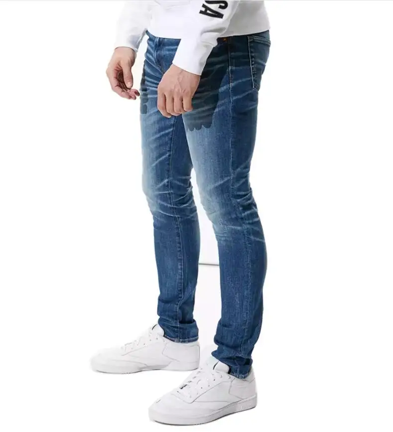 New Men Fashion Skinny Stretch Blue High Street Quality Cotton Spandex Elastic Jean