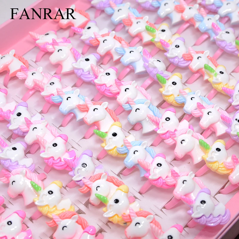 

Wholesale 50/100PCS Mix Cartoon Horse Unicorn Finger Girls Kids baby Rings Children Costume Birthday Party Supplies toy Gifts