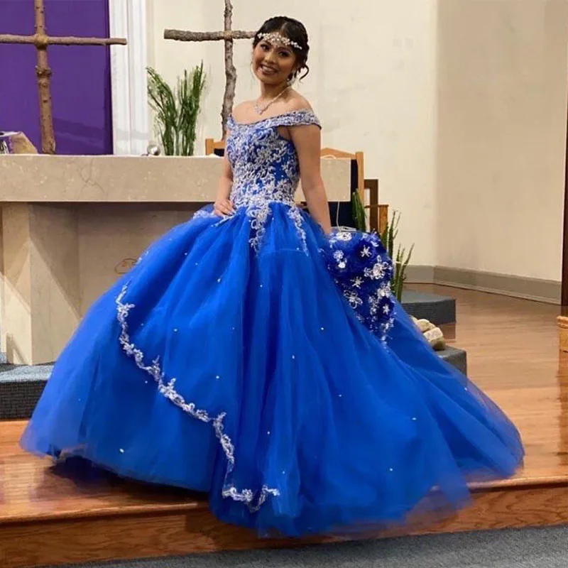 

Blue Off the Shoulder Quinceanera Dresses Lace Appliques Bead Sweet 16 Dress Tier Tulle Skirt Junior Birthday Party Gowns