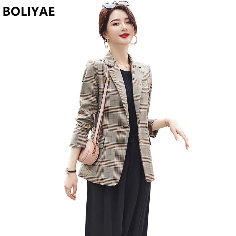 Boliyae High Quality Blazer Women Za 2021 New Designer Fashion Long Sleeve Plaid Jackets Spring Autumn Office Tops Veste Femme